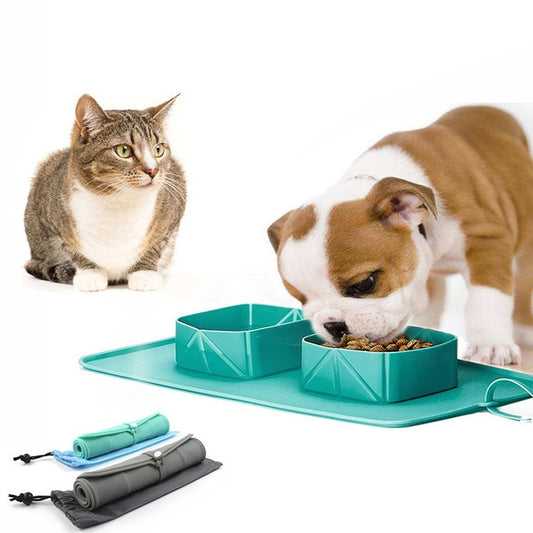 Silicone Foldable Pet Bowl - Portable Double Dish for Travel