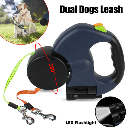 Dual Retractable Dog Leash - Reflective, Swivel, Flashlight & Poop Bag